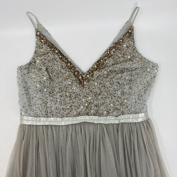 BHLDN Gray Gold Beaded Tulle Maxi Dress | Size 14 - Picture 11 of 12